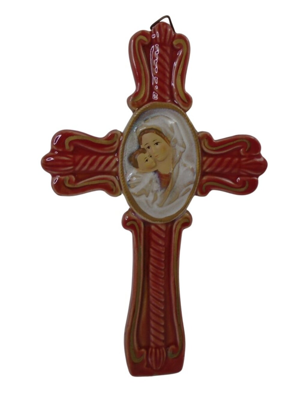 Madonna and child brick red ceramic cross for hanging or standing